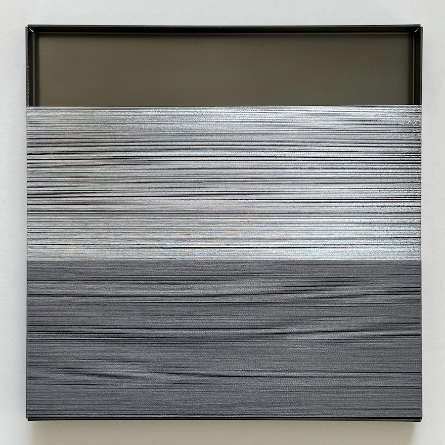 320 lines, 19th June, silver and grey sewing thread on a metal 15 x 15 x 1 cm tray.