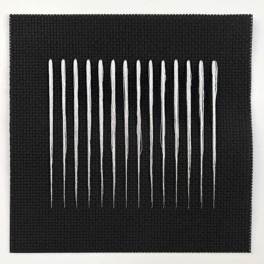 350 lines, 19th July, silver thread on painted embroidery grid