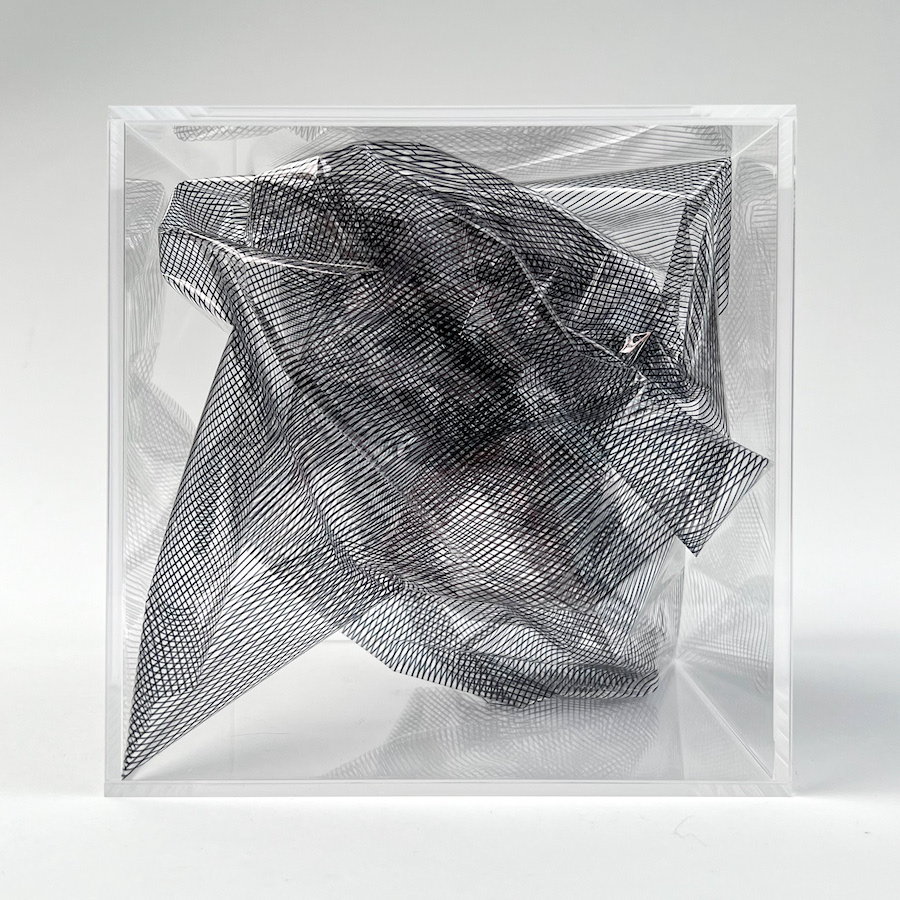 291 lines, 21st May, fineliner on a 46.5x46.5 cm sheet of clear plastic gift wrap, crumpled into a 15x15x15 box