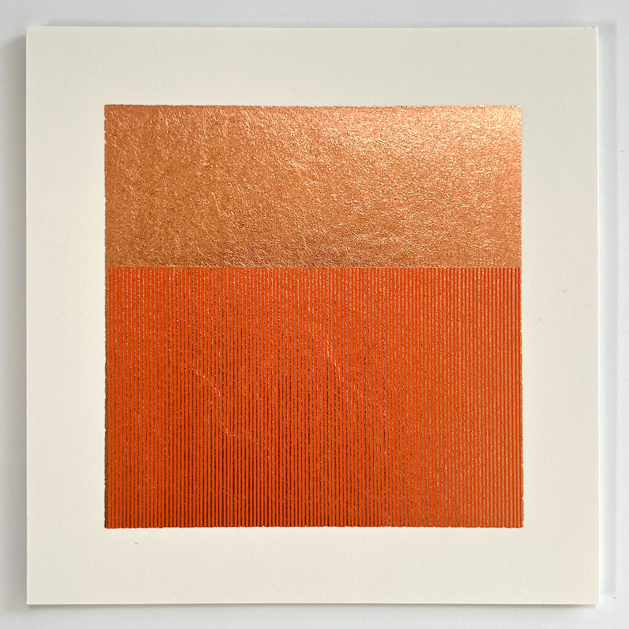219 lines, 10th March, acrylic (orange) marker on copper leaf on paper
