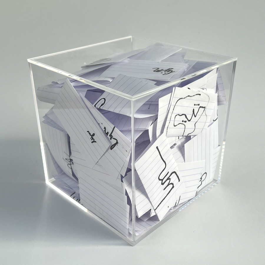 296 lines, 26th May, thanks to all visitors to my open studio who contributed to making 296 lines. Visitors were asked to write the Dutch word for ‘line’ on a piece of paper, fold it, and put it in the box. Marker or fineliner on 296 pieces of notepaper.
