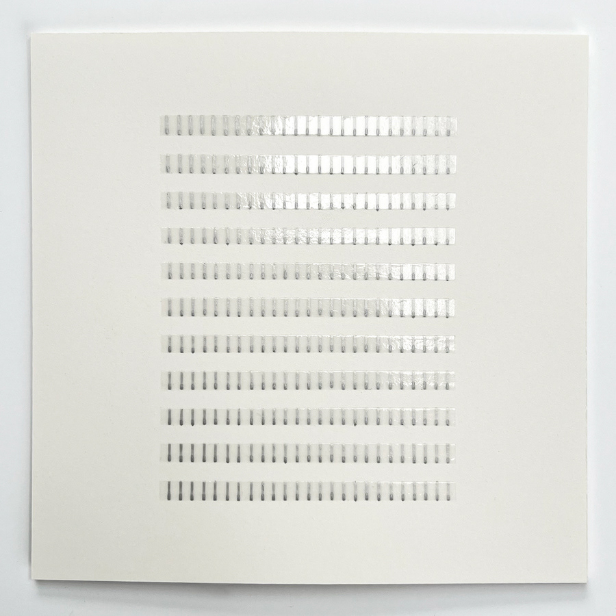 275 lines, 5th May, silver marker on acrylic gloss medium on 15x15cm paper