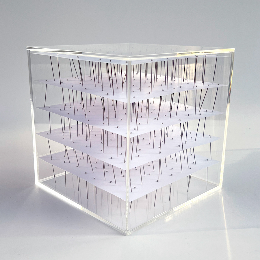 285 lines, 15th May, sewing pins in paper in a 15x15x15 cm box