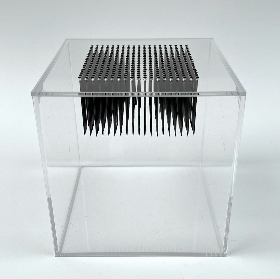 361 lines, 30th July, nails in a 15x15x15 acrylic cube. Interactive piece.