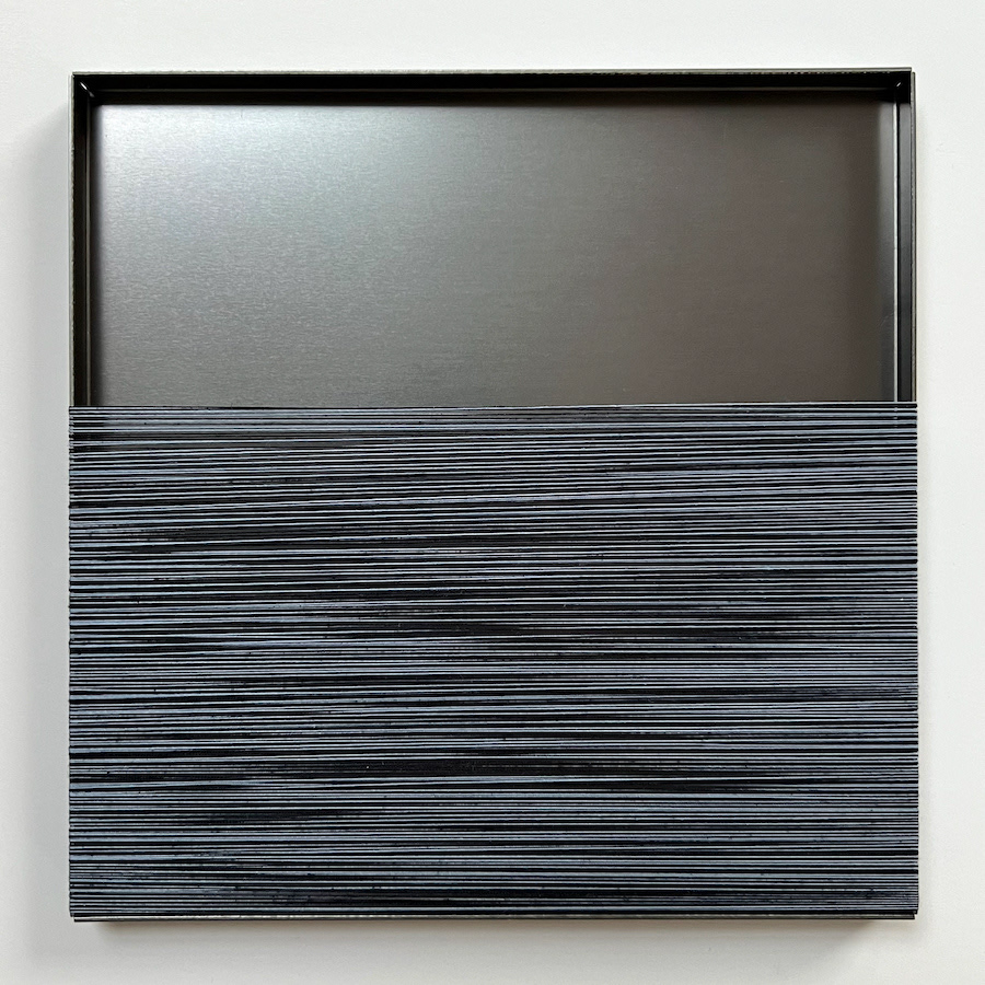 286 lines, 16th May, two colours (black and pale blue) sewing thread over a metal tray.
