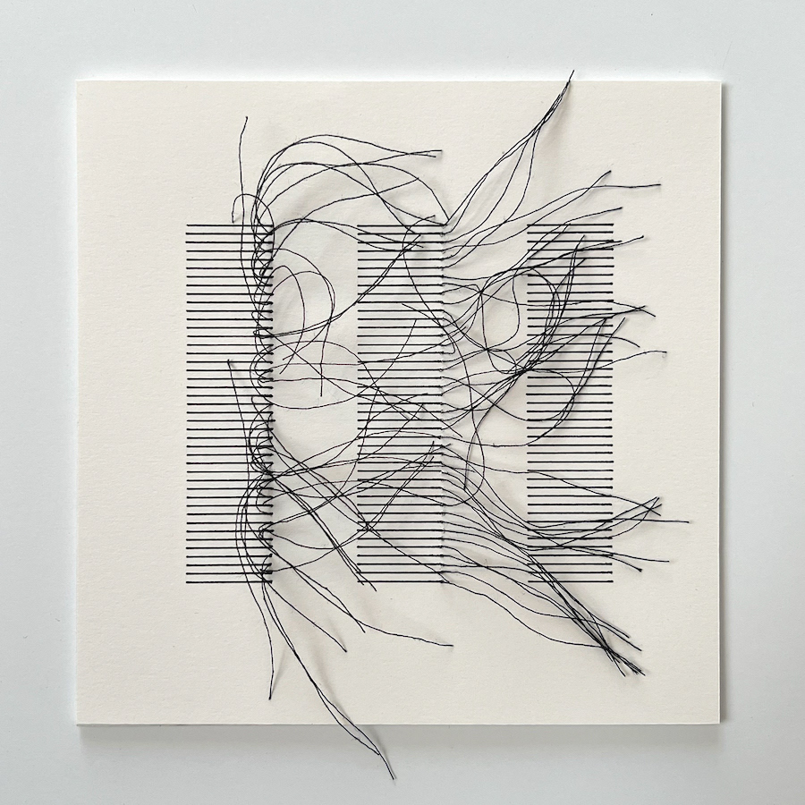 215 lines, 6th march, fineliner and thread on paper