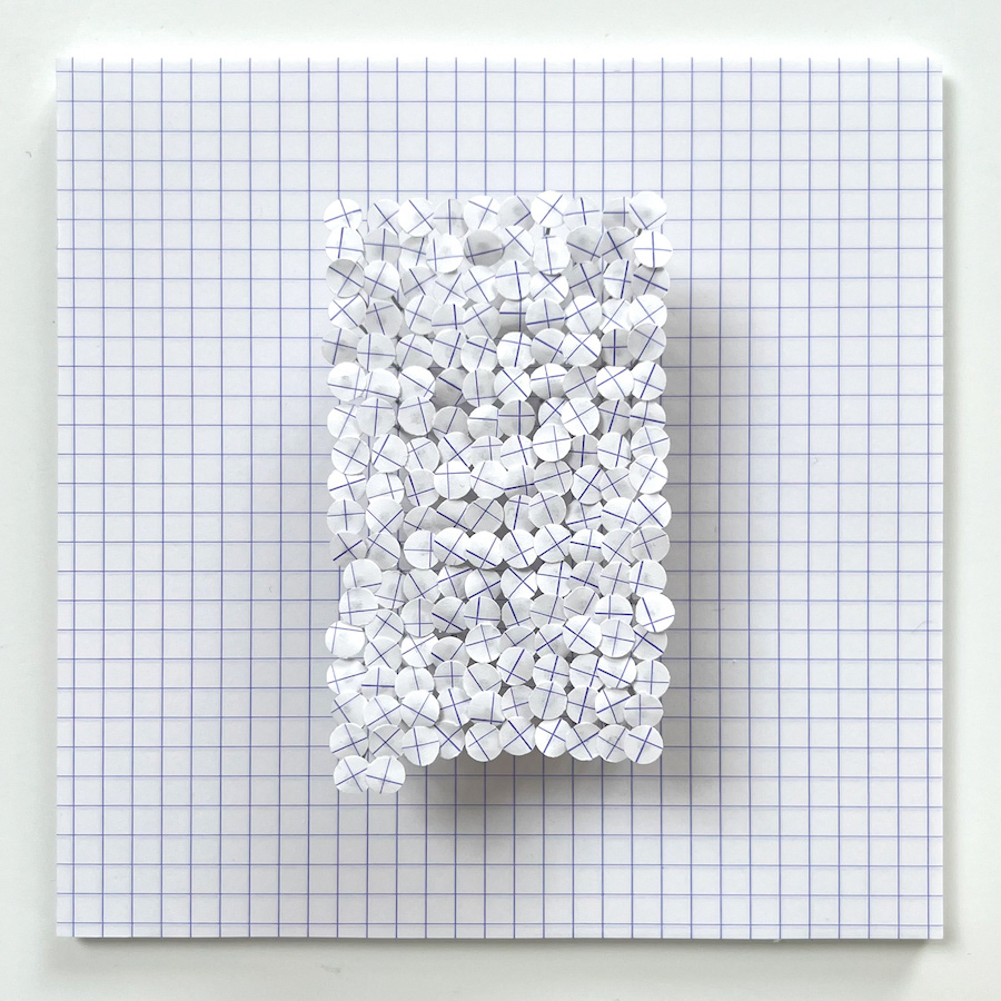 344 lines, 13th July, perforated pieces of graph paper with two lines on every piece. Attached to pins on 15x15 cm paper