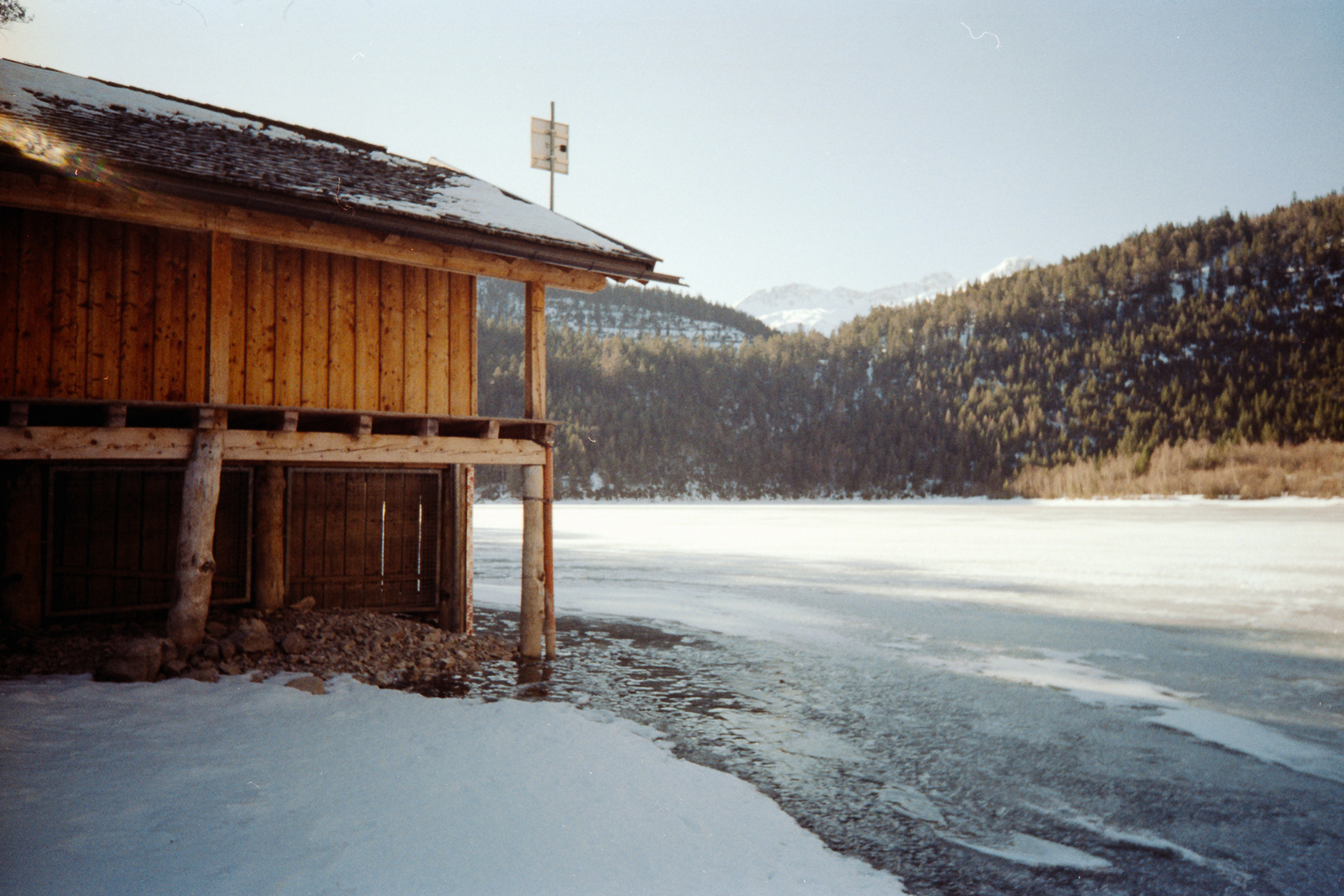 35mm film photo of boat house, shot on the Kodak Snapic A1 in Austria.