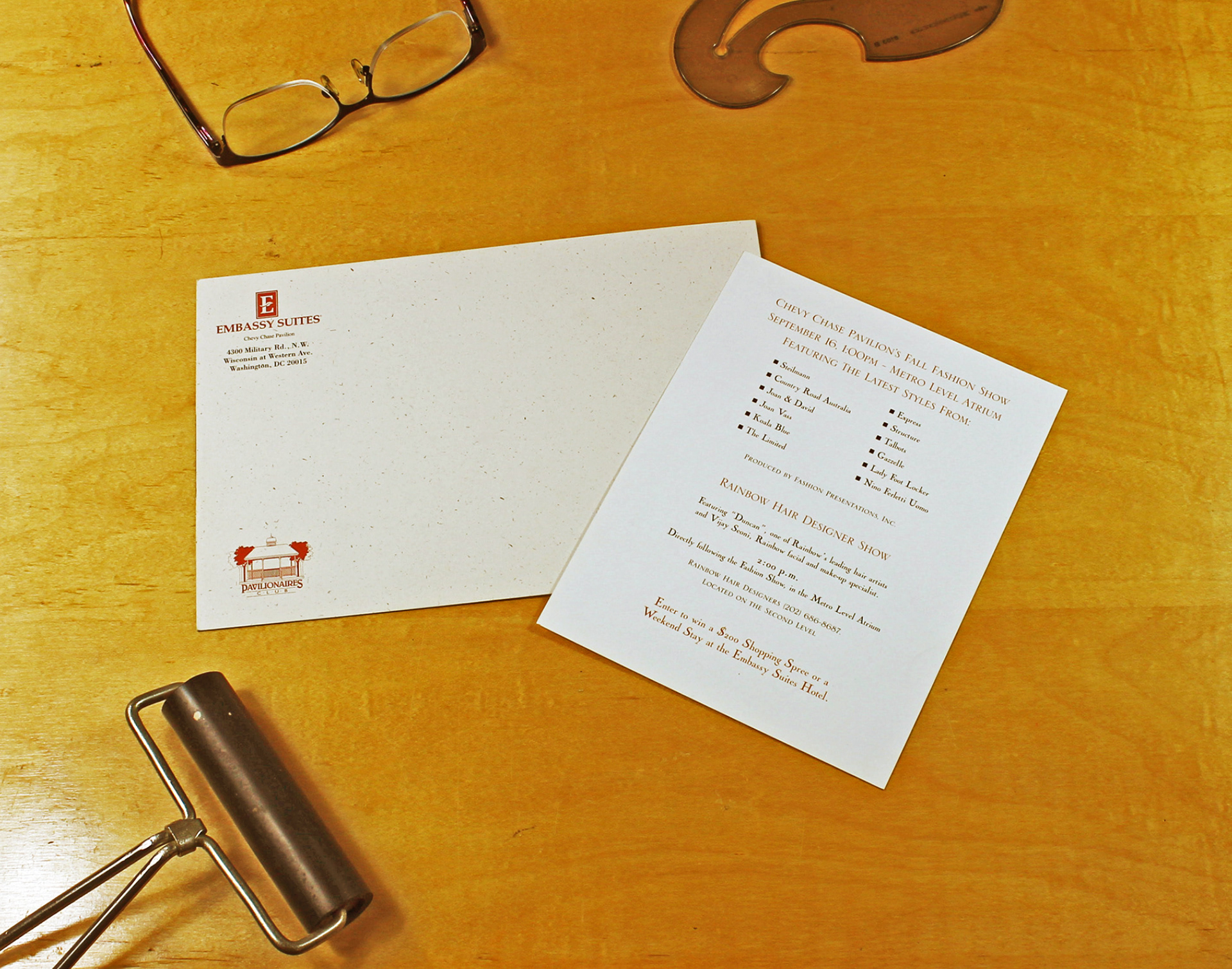 Chevy Chase Pavilion holiday mailer and on-site counter card.