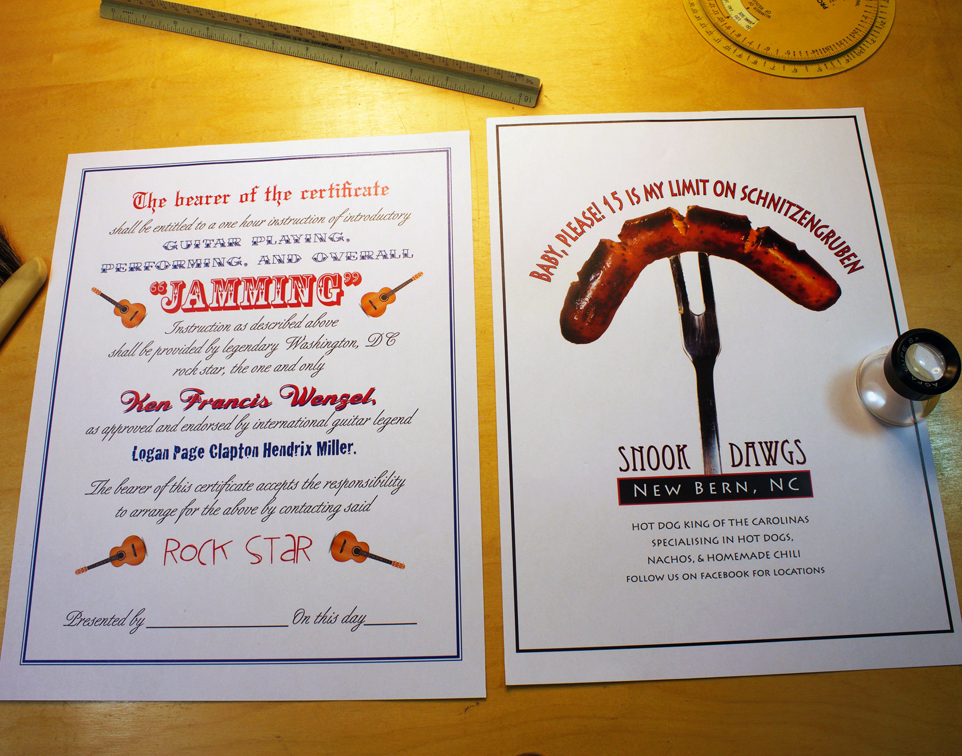 Left: A gift certificate. Right: Window poster for a hotdog vendor.