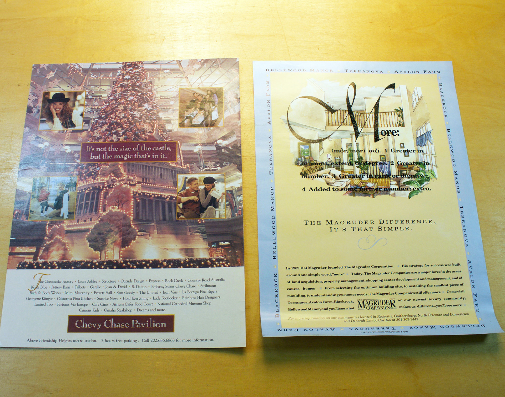 Left: Full page magazine ad for Chevy Chase Pavilion.  Right: Full page ad for a custom home builder.