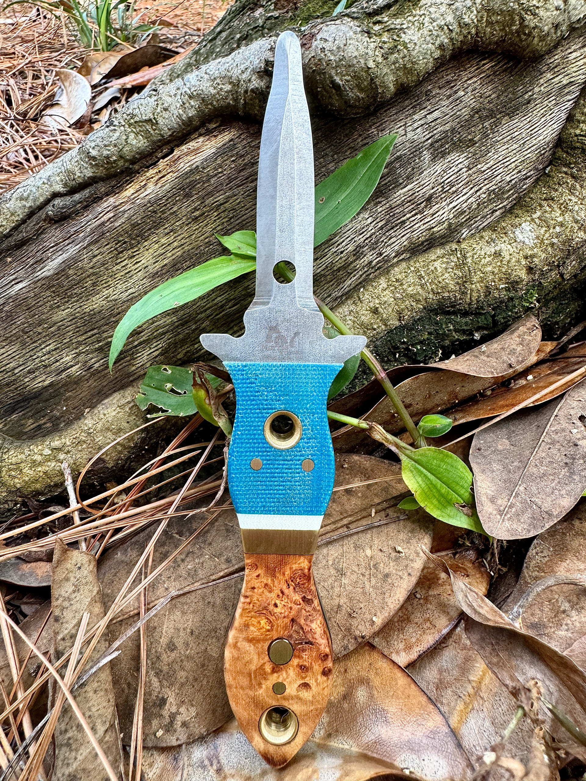 #15 Denim Micarta, Cottonwood Burl, G10 & Brass inlay
