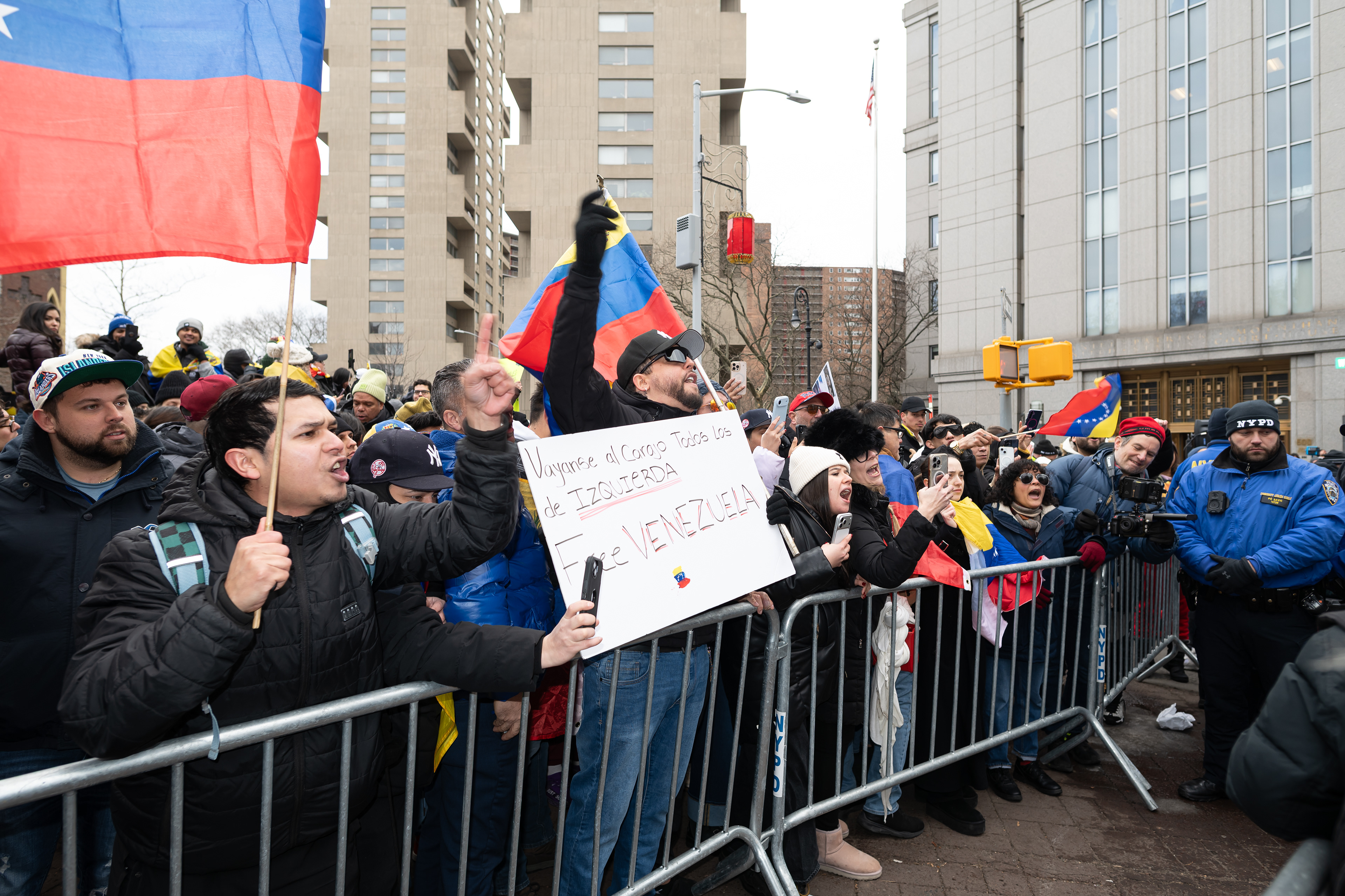 Counter-protesters outside Nicolás Maduro's arraignment in lower Manhattan
