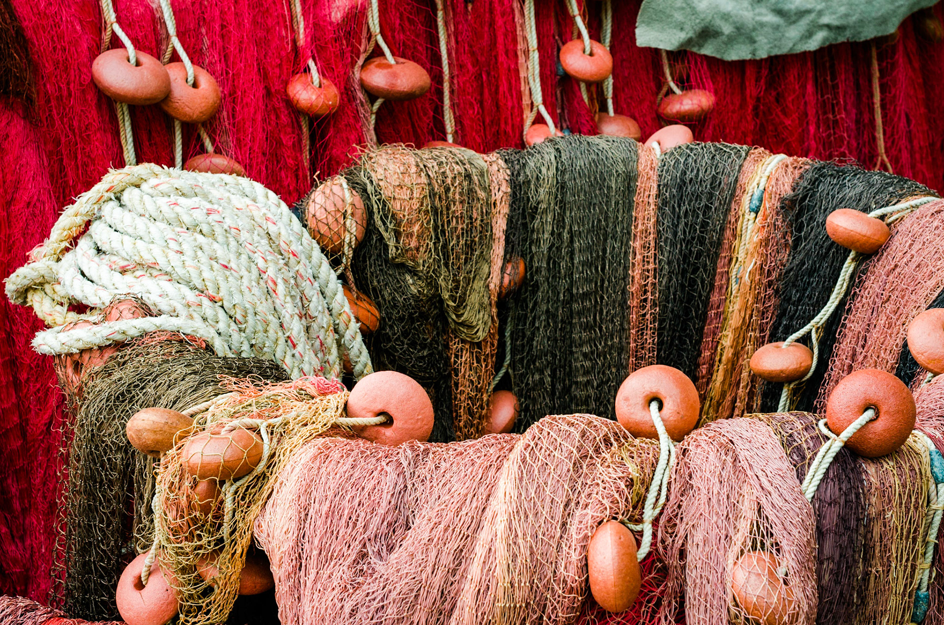 Bright red fishing nets