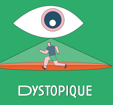 Relatif à une dystopie ; qui constitue une dystopie. Récit de fiction qui décrit un monde utopique sombre.  1984, de George Orwell, est une dystopie.