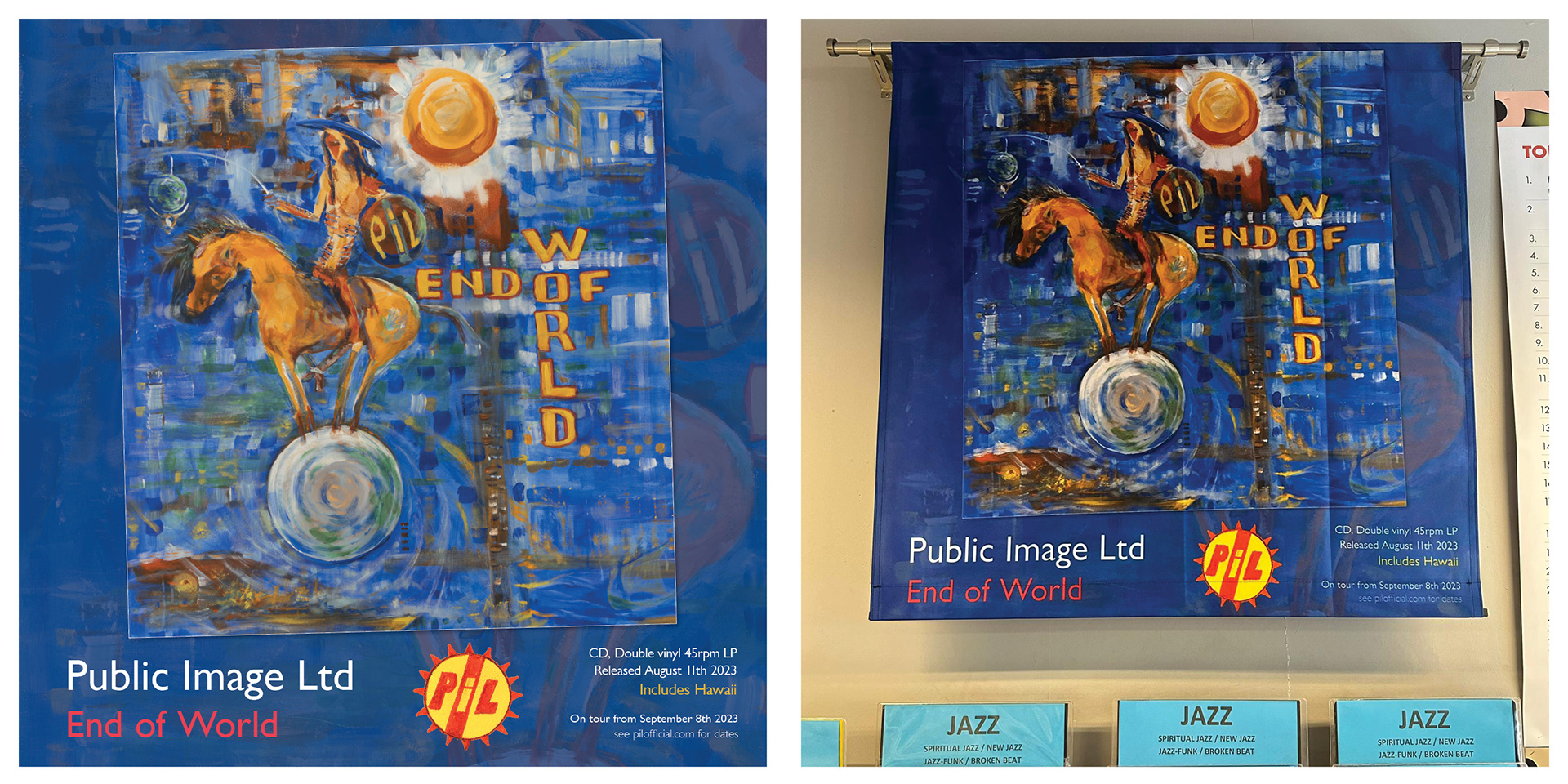 Piccadilly Records, Manchester: Original fabric poster layout (left) and on-display in-store (right)