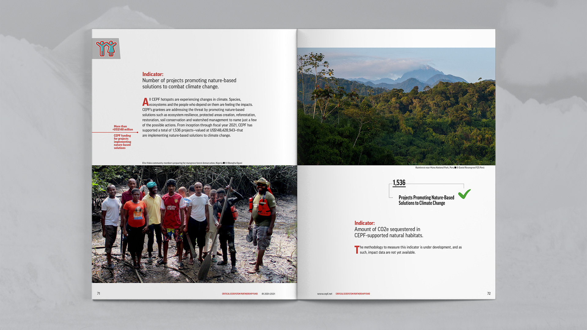 Indicator section focusing on number of projects promoting nature-based solutions to combat climate change