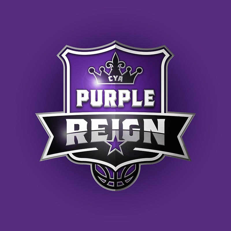Logo for youth basketball organization on purple background