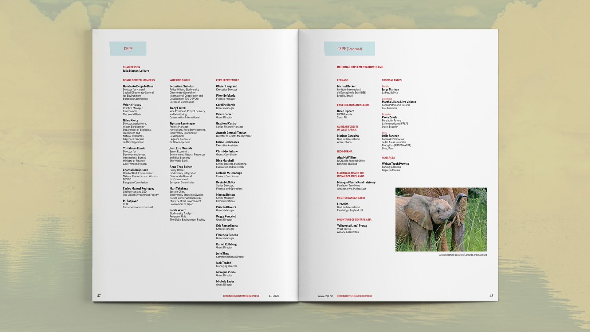 Spread features a listing of names of people that make up the Donor Council, Working Group and Secretariat and Regional Implementation Teams