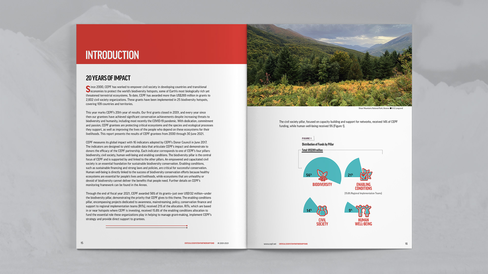 Introduction content for Impact Report and graphic showing distribution of funds by pillar