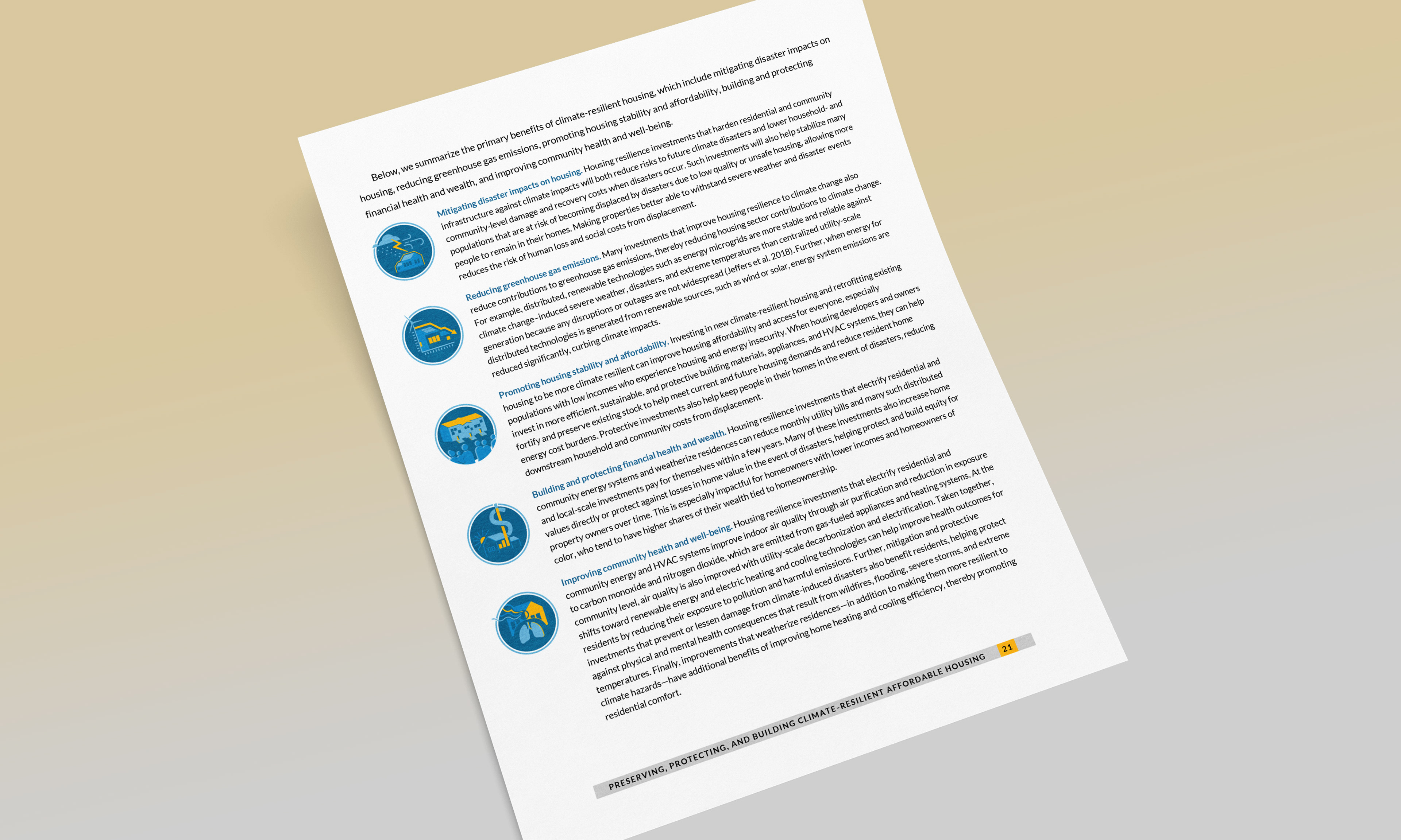 Page incorporating five designed icons for benefits of climate-resilient housing