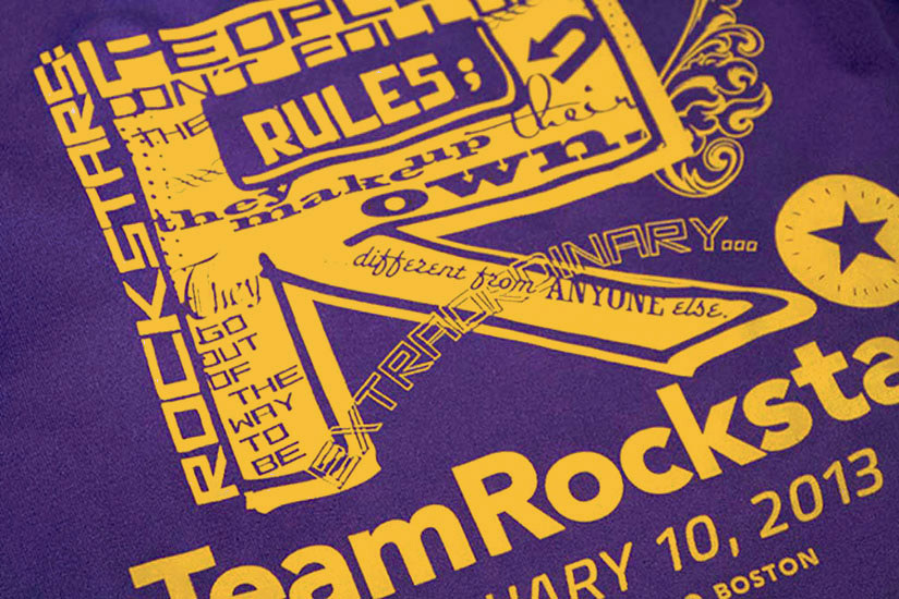 Team Rockstar creative type themed fundraiser event shirt zoomed in