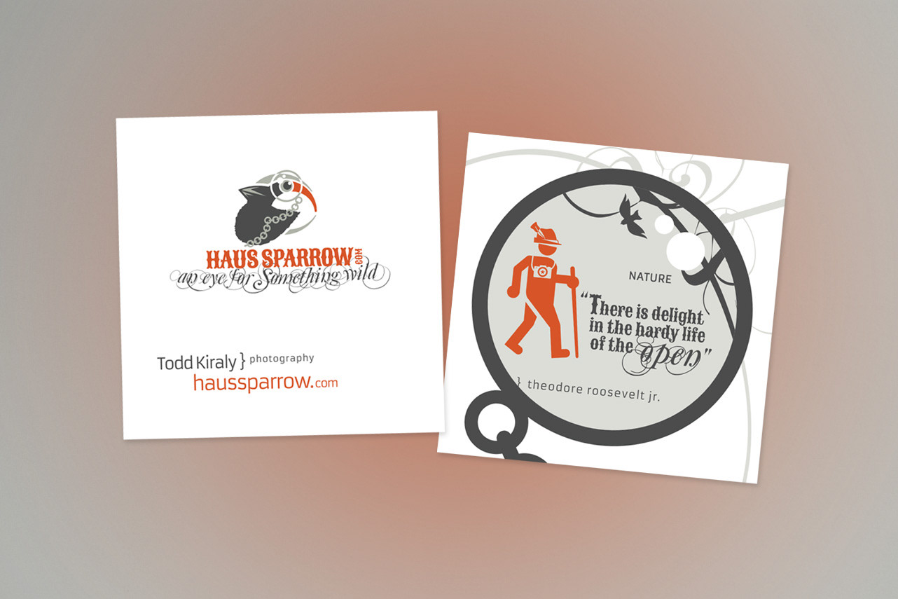 Square shaped business card designs, front and back, for Haus Sparrow.