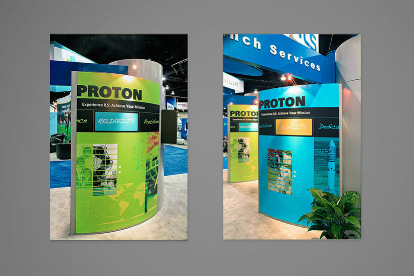 A pair of different photo views of exhibit panels used at a satellite conference by rocket launch management organization