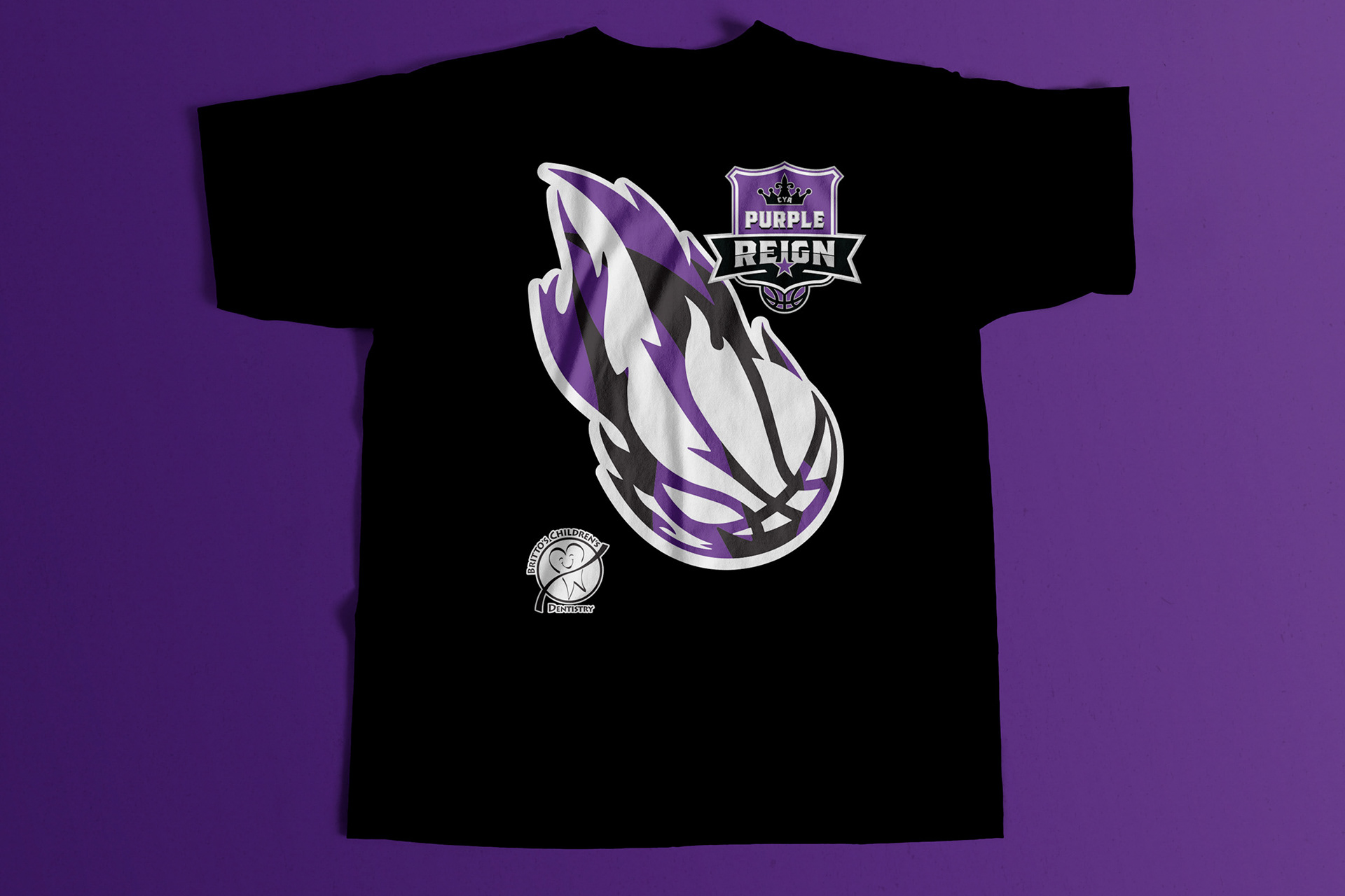 Youth league basketball black shirt featuring an illustrative fiery basketball that is comet-like in appearance