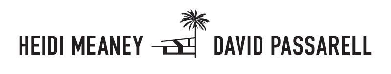 Black-and-white logo for a Palm Springs pair of realtors. The logo mark consists of a palm tree and a mid century modern abstract home.