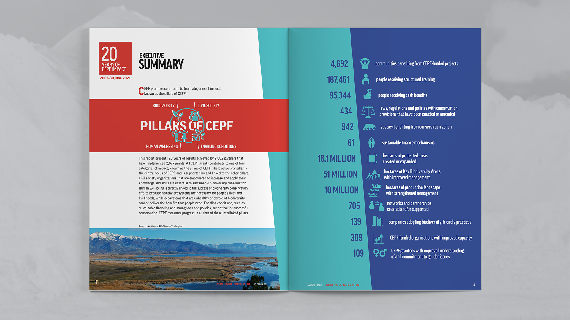 Fourth spread featuring an Executive Summary and a page of statistics