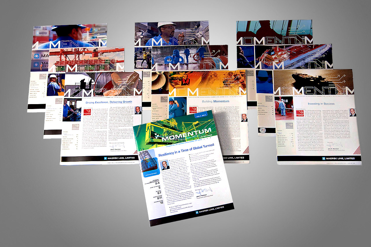 A compilation of newsletters designed for this shipping logistics company