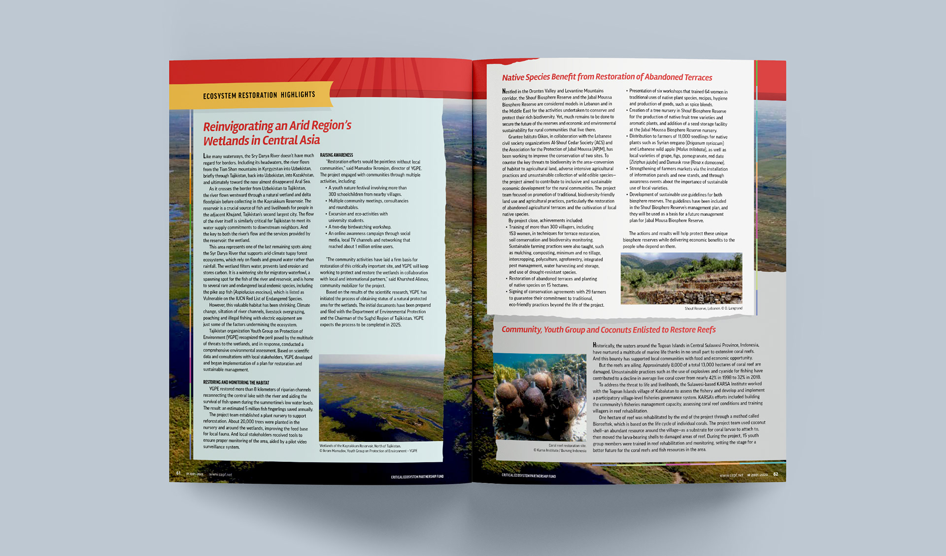 Spread for ecosystem restoration highlights with stories for wetlands in Central Asia, restoration of abandoned terraces in Lebanon, and restoring reefs in Indonesia