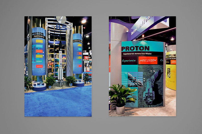 Another set of different photo views of exhibit panels used at a satellite conference by rocket launch management organization
