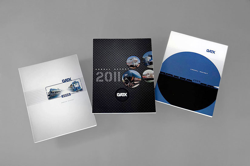 Various annual report covers for a train leasing company