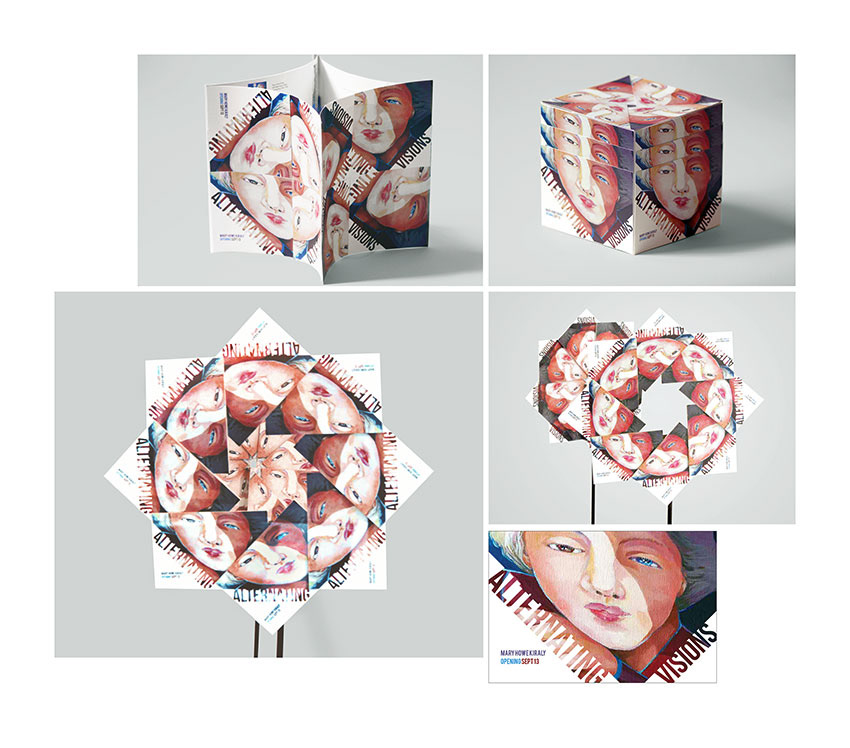 Dynamic uses of artist's show announcement postcards to build interesting shapes that were used at the show