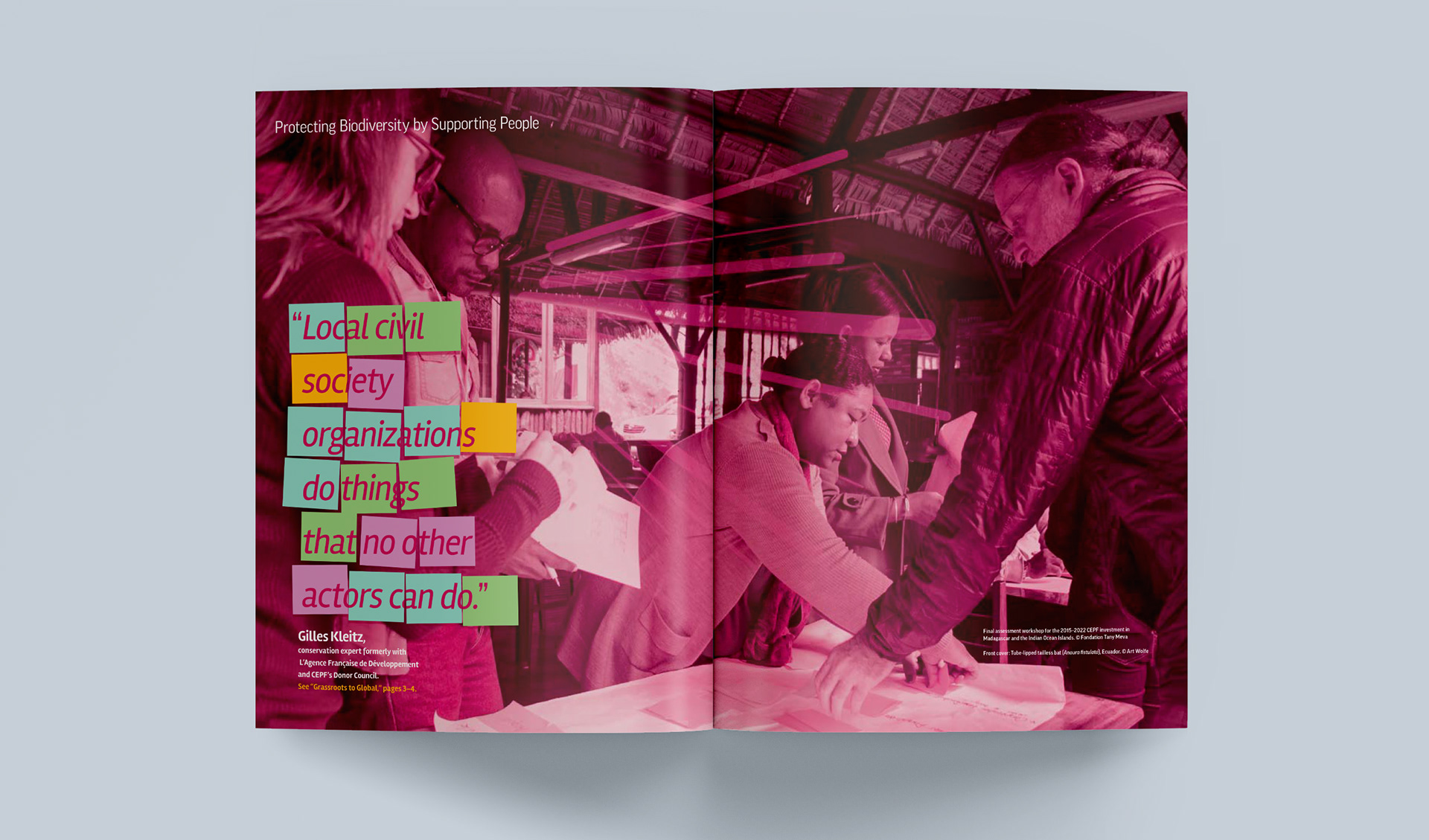 Introduction spread featuring a background image of a workshop of people in planning stages and a quote about civil society organizations