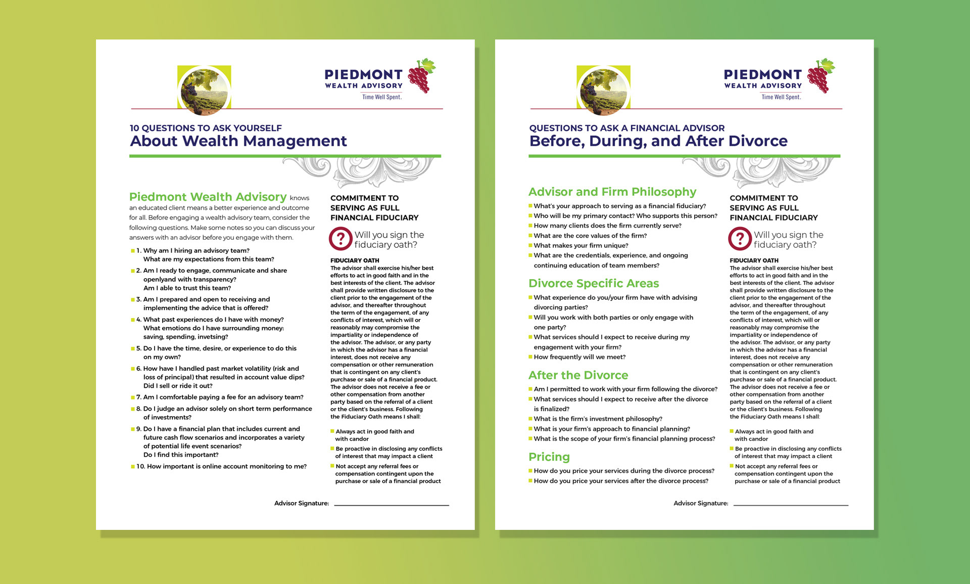 Financial advisor one-pager documents