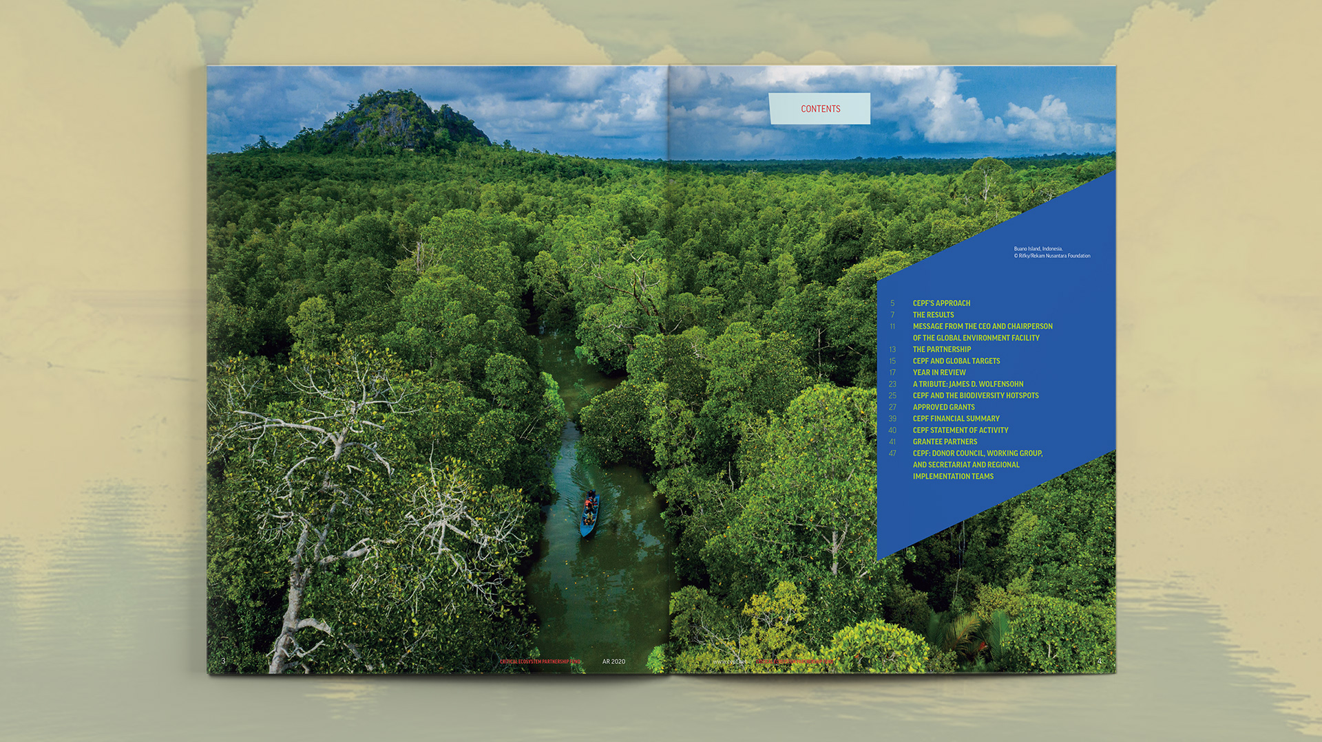 Table of Contents spread featuring a lush river/jungle background picture