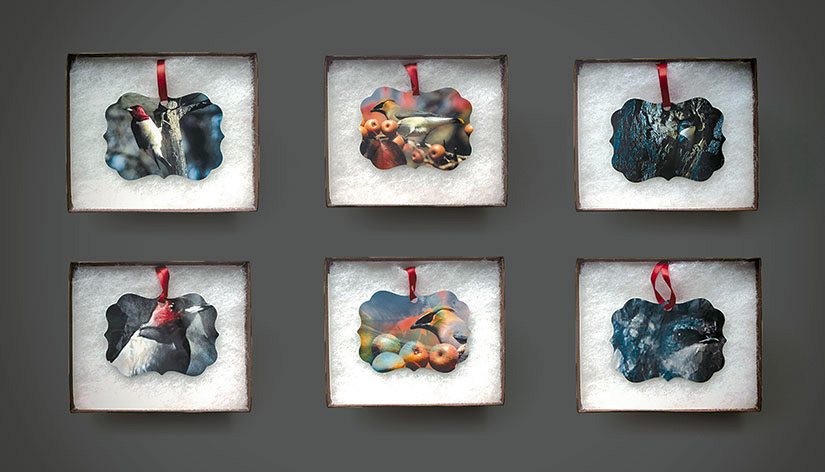 Holiday ornaments with artwork from photography on Haus Sparrow website