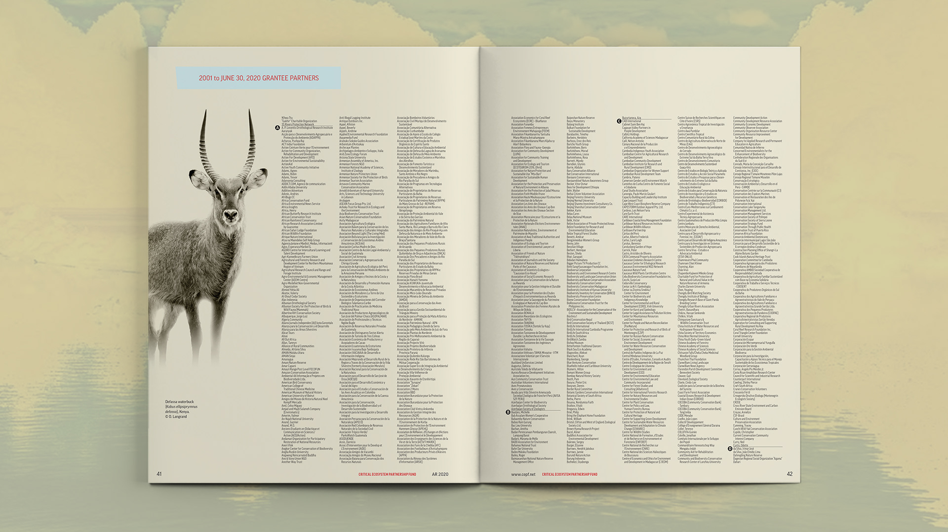 Opening spread that is a listing of all  grantee partners from 2001 to 2020