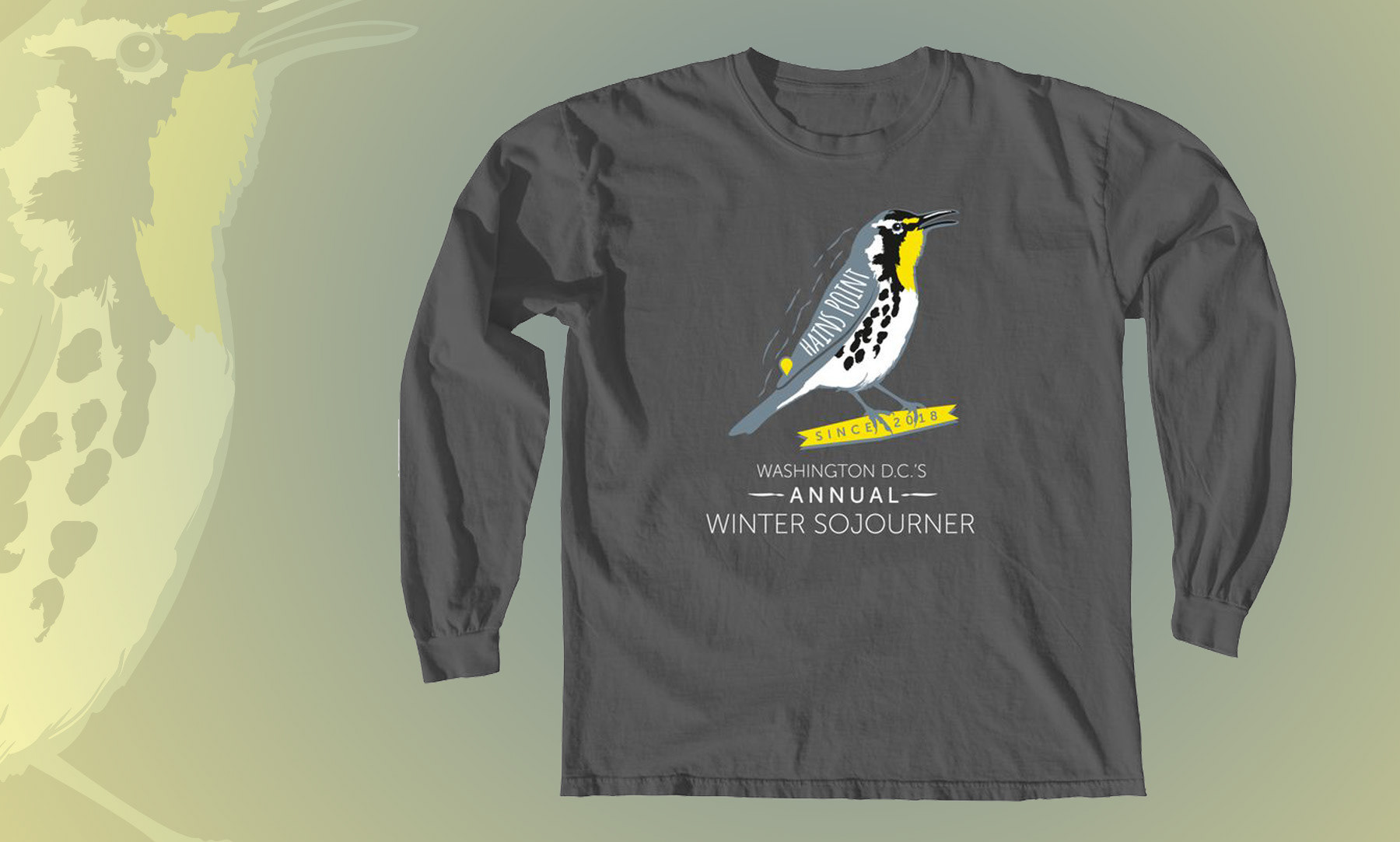 A commemorative t-shirt in honor of a Yellow-throated Warbler that is an unexpected winter sojourner in Washington D.C.
