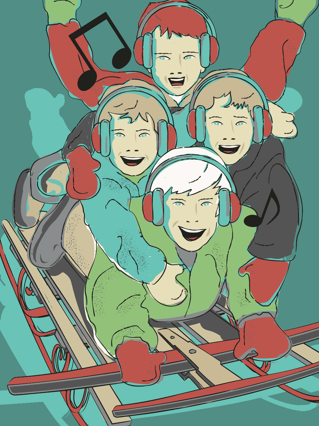 Illustration of four brothers with headphones used on music holiday mailer
