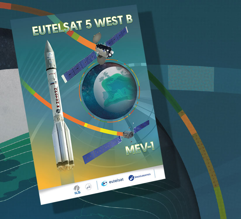 Rocket launch poster showing launch vehicle and two satellites on an abstract background