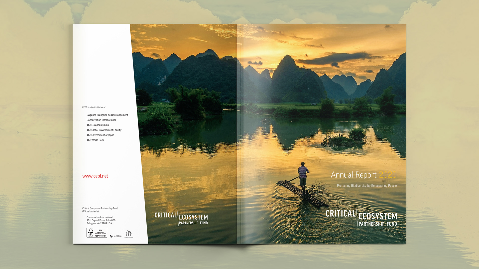 Back cover that is a continuation of the cover photo which featured a jagged mountain landscape as a backdrop to a waterway