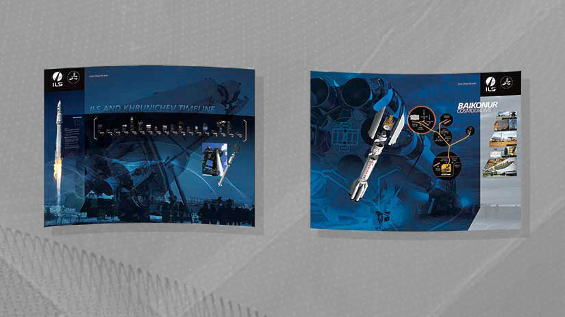 Back side designs of two side-by-side booth panels used by a rocket launch management company
