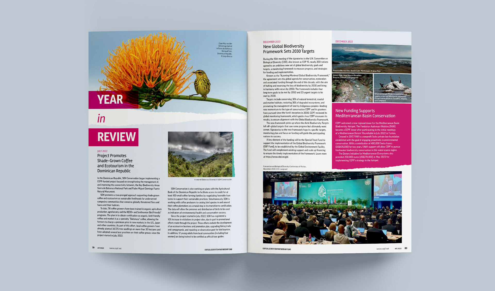 Spread for Year in Review section with articles on Dominican Republic, Mediterranean and the new Global Framework set for 2030 targets