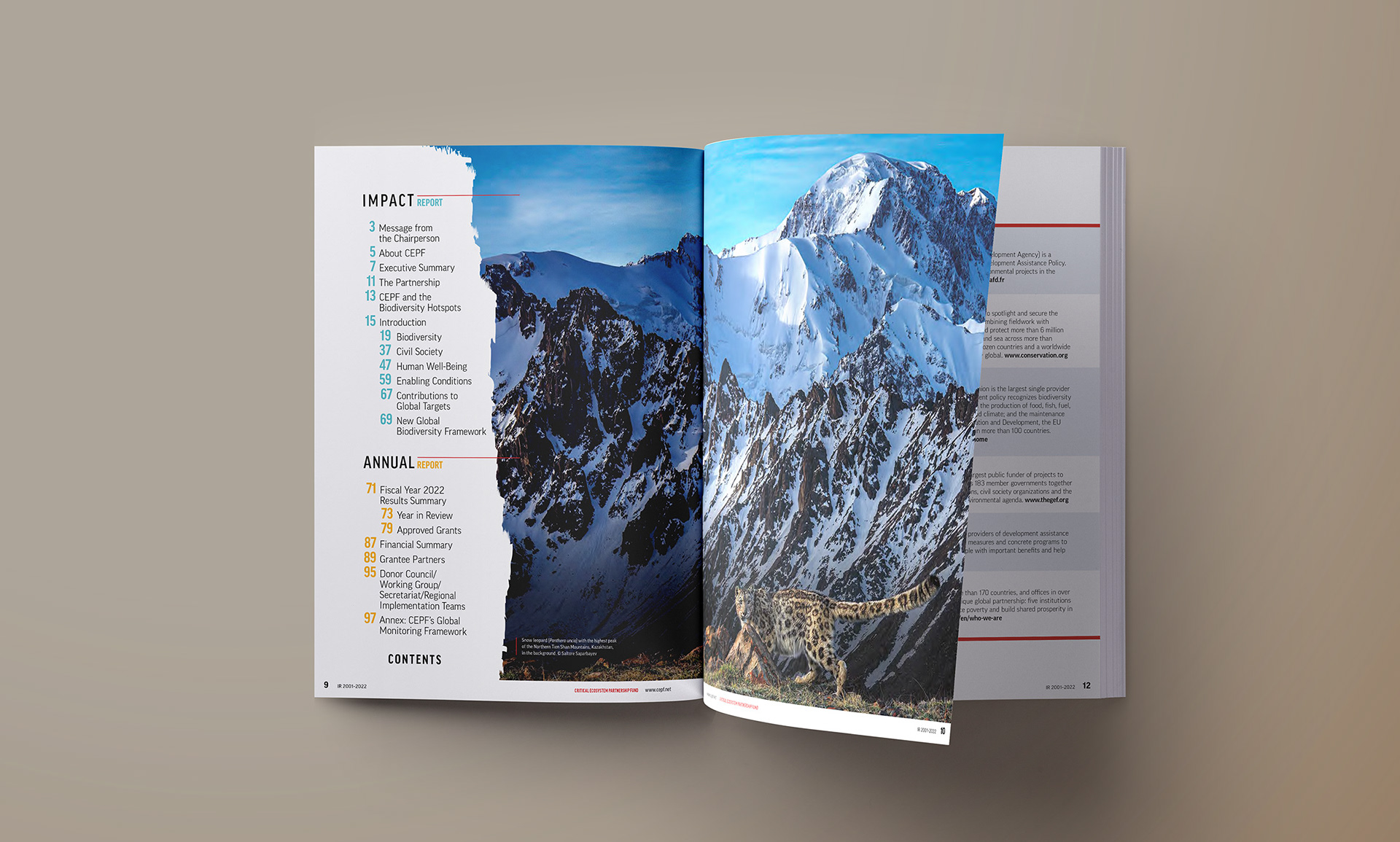 Table of contents featuring image of a Snow Leopard