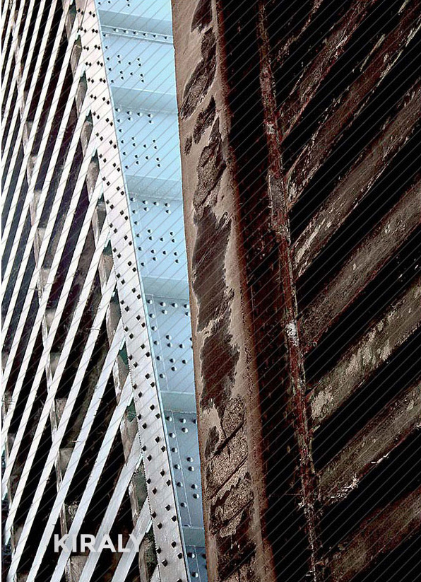 Architectural metal structure where one side appears opposite in age of the other