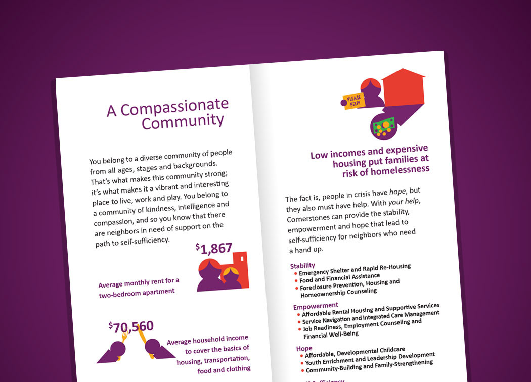 Interior of fundraising brochure showing the layout and sample callout graphics